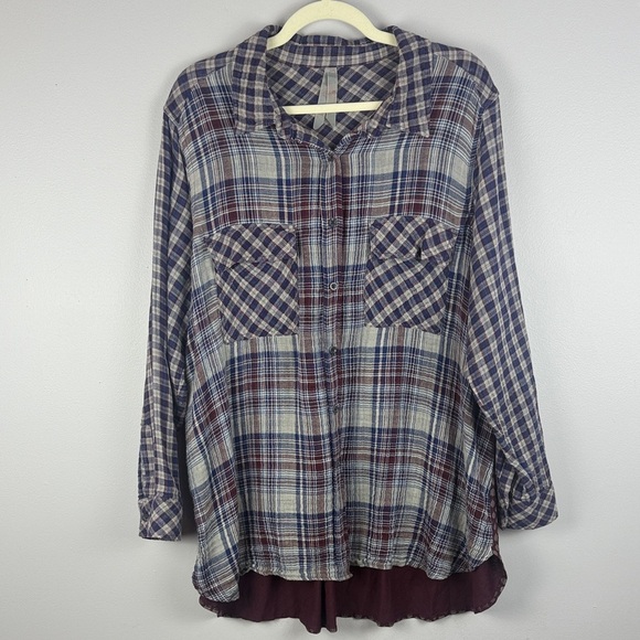 Melissa McCarthy Seven7 Blue Red Plaid Cotton Modal Blend Button-Down 2X Blouse - Picture 2 of 10
